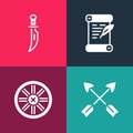 Set pop art Crossed arrows, Old wooden wheel, Decree, parchment, scroll and Dagger icon. Vector Royalty Free Stock Photo