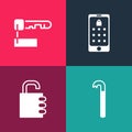 Set pop art Crowbar, Safe combination lock, Mobile and graphic password and Marked key icon. Vector