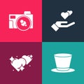 Set pop art Cylinder hat, Two Linked Hearts, hand and Photo camera icon. Vector Royalty Free Stock Photo