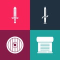 Set pop art Decree, parchment, scroll, Round wooden shield, Dagger and Medieval sword icon. Vector