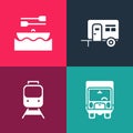 Set pop art Delivery cargo truck, Train and railway, Rv Camping trailer and Boat with oars icon. Vector