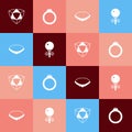 Set pop art Diamond, engagement ring, Pearl necklace and Stud earrings icon. Vector Royalty Free Stock Photo