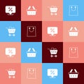 Set pop art Discount percent tag, Shopping basket, cart and food and Paper shopping bag icon. Vector Royalty Free Stock Photo