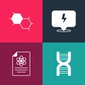 Set pop art DNA symbol, Chemistry report, Lightning bolt and Chemical formula icon. Vector