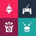 Set pop art Drum with drum sticks, Jack in the box toy, Gamepad and Whirligig icon. Vector Royalty Free Stock Photo