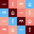 Set pop art Education logic game, Hopscotch, Jumping trampoline and Attraction carousel icon. Vector