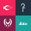 Set pop art Egypt pyramids, Egyptian necklace, Crook and Butterfly fish icon. Vector