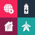 Set pop art Electric tower, Eco friendly house, Battery and Global energy power planet icon. Vector Royalty Free Stock Photo