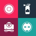 Set pop art Electrical outlet, Radioactive cargo train, Fire extinguisher and Power button icon. Vector