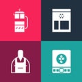 Set pop art Electronic coffee scales, Barista, Bag beans and French press icon. Vector Royalty Free Stock Photo