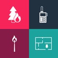 Set pop art Evacuation plan, Burning match with fire, Walkie talkie and forest tree icon. Vector Royalty Free Stock Photo