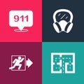 Set pop art Evacuation plan, Fire exit, Gas mask and Emergency call 911 icon. Vector Royalty Free Stock Photo