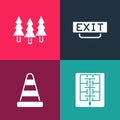 Set pop art Evacuation plan, Traffic cone, Fire exit and Forest icon. Vector Royalty Free Stock Photo