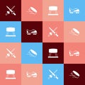 Set pop art Fencing, Hockey puck, Pommel horse and Football shoes icon. Vector Royalty Free Stock Photo