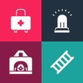 Set pop art Fire escape, Interior fireplace, Ringing alarm bell and First aid kit icon. Vector Royalty Free Stock Photo