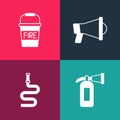 Set pop art Fire extinguisher, hose reel, Megaphone and bucket icon. Vector Royalty Free Stock Photo