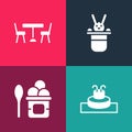 Set pop art Fountain, Ice cream bowl, Magician hat and rabbit and Picnic table with chairs icon. Vector