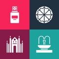 Set Pop Art Fountain, Milan Cathedral, Pizza And Perfume Icon. Vector