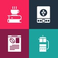 Set pop art French press, Newspaper and coffee, Electronic scales and Coffee cup book icon. Vector