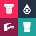 Set pop art Glass with water, Water tap, Recycle clean aqua and icon. Vector