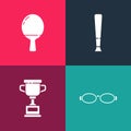 Set pop art Glasses for swimming, Award cup, Baseball bat and Racket playing table tennis icon. Vector Royalty Free Stock Photo