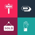 Set pop art Hand holding auction, Auction sold, Bid and paddle icon. Vector