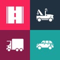 Set pop art Hatchback car, Delivery cargo truck, Tow and Road icon. Vector