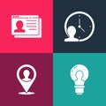 Set pop art Head with lamp bulb, Location person, Time Management and Resume icon. Vector