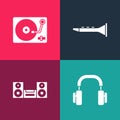 Set pop art Headphones, Home stereo, Clarinet and Vinyl player with vinyl disk icon. Vector Royalty Free Stock Photo