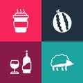 Set pop art Hedgehog, Wine bottle with glass, Watermelon and Coffee cup to go icon. Vector