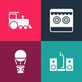 Set pop art Home stereo with two speakers, Hot air balloon, Shooting gallery and Toy train icon. Vector