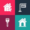Set pop art House, key, Hanging sign with Rent and icon. Vector Royalty Free Stock Photo