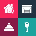 Set pop art House key, Hotel service bell, Garage and Location with house icon. Vector Royalty Free Stock Photo