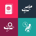 Set pop art Human waiting in airport terminal, Airplane search, Plane and Passport icon. Vector