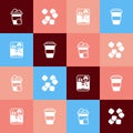 Set pop art Iced coffee, Sugar cubes, Coffee machine and cup to go icon. Vector