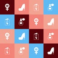 Set pop art International Women Day, Woman shoe, Greeting card with 8 March and Perfume icon. Vector Royalty Free Stock Photo
