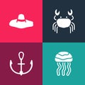 Set pop art Jellyfish, Anchor, Crab and Elegant women hat icon. Vector Royalty Free Stock Photo