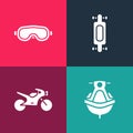 Set pop art Jet ski, Motorcycle, Longboard skateboard and Ski goggles icon. Vector