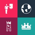 Set pop art King crown, Castle tower, Earth globe and Museum guide icon. Vector