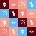 Set pop art King crown, Fleur de lys or lily flower, Medieval bow and arrow and helmet icon. Vector