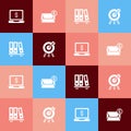 Set pop art Laptop with dollar, Mail and e-mail, Office folders and Target financial goal icon. Vector Royalty Free Stock Photo