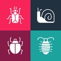 Set pop art Larva insect, Mite, Snail and Beetle bug icon. Vector