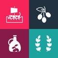 Set pop art Laurel wreath, Bottle of olive oil, Olives branch and Greek trireme icon. Vector Royalty Free Stock Photo