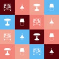 Set pop art Library bookshelf, Lamp hanging, Round table and Table lamp icon. Vector