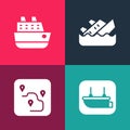 Set pop art Lifeboat, Route location, Sinking cruise ship and Cruise icon. Vector