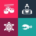 Set pop art Lobster or crab claw, Turtle, Fisherman and Sushi icon. Vector