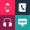 Set pop art Location with text work, Headphones, Address book and Wrist watch icon. Vector Royalty Free Stock Photo