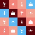 Set pop art Martini glass, Elegant women hat, Champagne bottle and Handbag icon. Vector Royalty Free Stock Photo