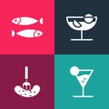 Set pop art Martini glass, Pickled cucumber on fork, Cocktail and Dried fish icon. Vector