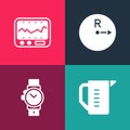 Set pop art Measuring cup, Wrist watch, Radius and instrument icon. Vector Royalty Free Stock Photo